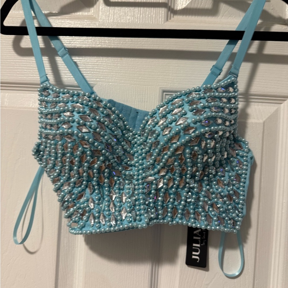 Sexy Pearls Beaded Rhinestone Bustier Crop Top Push up Corset Top